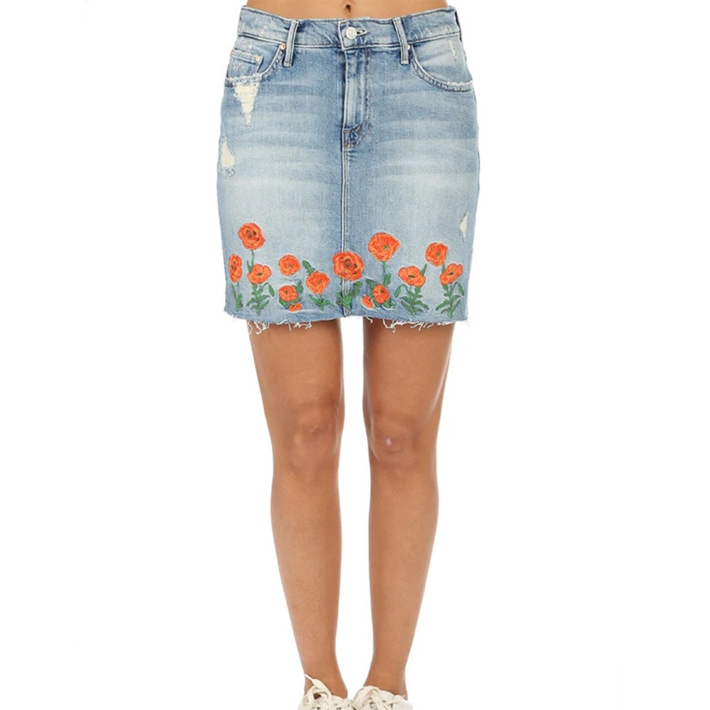 Mother Superior Mini Fray Denim Skirt with Floral Embroidery